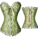 Brocade overbust corset with ruffle trim