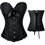 Brocade overbust corset with ruffle trim