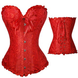 Brocade overbust corset with ruffle trim