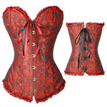 Brocade overbust corset with ruffle trim