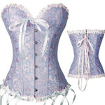 Brocade overbust corset with ruffle trim