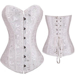 Brocade overbust corset with ruffle trim