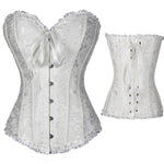 Brocade overbust corset with ruffle trim