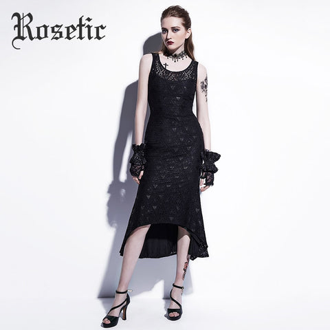 Rosetic Gothic Black Lace Overlay Hi-Low Mermaid Dress