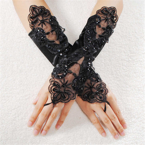 Black/Red/White Lace Beaded Fingerless Gloves