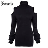 Rosetic Casual Sweater Black Autumn Slim Knitting Women Hollow Out Turtleneck Fashion Tops Outerwear Retro Gothic Casual Sweater