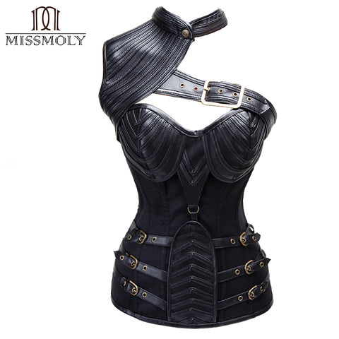 Women Steampunk Gothic Corset Top Bustier Overbust Black Faux Leather Steel Boned Lace up Waist Cincher Lingeri Basque corselet