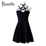 Rosetic Gothic Dress Women Summer Halter Sleeveless Strapless Black Dress Asymmetric Lace-Up Dress Sexy Fashion Club Goth Dress