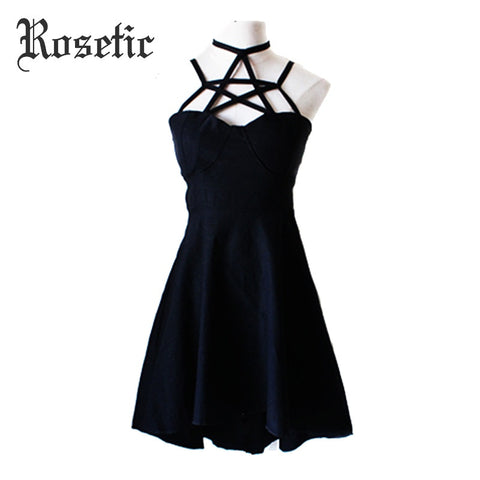 Rosetic Gothic Dress Women Summer Halter Sleeveless Strapless Black Dress Asymmetric Lace-Up Dress Sexy Fashion Club Goth Dress