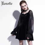 Rosetic Gothic Mini Dress Black Mesh Women Patchwork Witch Goth Dress Vampire Lantern Sleeve A-Line Lace-Up Fashion Gothic Dress