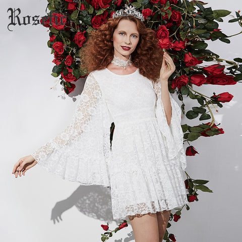 Rosetic Boho White Lace Wide Bell Sleeve Mini Dress