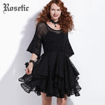 Rosetic Gothic Boho Black Peasant Dress with Handkerchief Skirt