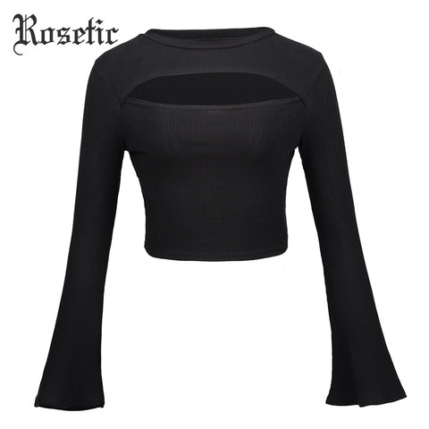 Rosetic Goth T-shirts Women Black Sexy Slim Short Tees Tops Spring Fashion Flare Sleeve Cool Club Party Harajuku Gothic T-shirts