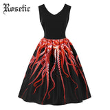 Rosetic 1950s style Red Octopus Print V-Neck Swing Dress