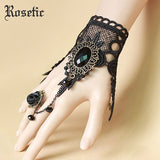 Rosetic Gothic Retro Women Ring Charm Bracelet Lace Leaf Crystal Ribbon Rose Finger Chain Victorian Fancy Handmade Gift Party