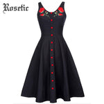 Rosetic Gothabilly Black Rose Embroidered Front Button Swing Dress