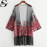 Sheinside Embroidered Mesh Kimono Women Fringe Trim Paisley Vacation Blouse 2018 Summer Long Sleeve Longline Beach Kimono