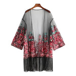 Sheinside Embroidered Mesh Kimono Women Fringe Trim Paisley Vacation Blouse 2018 Summer Long Sleeve Longline Beach Kimono