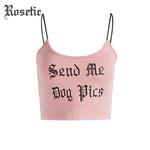 Rosetic Pastel Gothic Short Camisoles Slim Pink Letter Print Spaghetti Straps Summer Beach Travel Girl Sexy Backless Club Camis