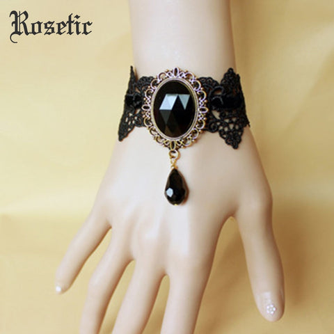 Rosetic Women Gothic Vintage Lace Charm Bracelet Bronze Crystal Inlaid Water Drop Chain Girls Wedding Party Gifts Accessories