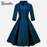 Rosetic High Neck Retro Uniform Swing Dress with Bows