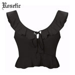 Rosetic Woman Gothic Short Tank Tops Slim Black Sexy Deep V-Neck Lace-Up Crop Top Summer Beach Travel Casual Girls Club Tank Top