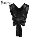 Rosetic Woman Gothic Short Tank Top Slim Cotton Solid Black Lace-Up Bowknot Summer Beach Travel Girl Sexy Backless Club Tank Top