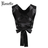 Rosetic Woman Gothic Short Tank Top Slim Cotton Solid Black Lace-Up Bowknot Summer Beach Travel Girl Sexy Backless Club Tank Top