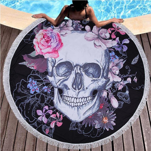 Skull and Flowers Round Beach Towel Tapestry