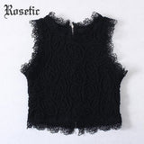 Rosetic Woman Goth Short Lace Tank Tops Summer Black White Slim Zipper Girls Beach Travel Sexy Club Rock Gothic Casual Tank Tops