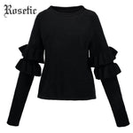 Rosetic Black Sweater Women Goth Winter Loose Black Falbala O-Neck Ruffles Fall Tops Retro Street Preppy Gothic Casual Sweater