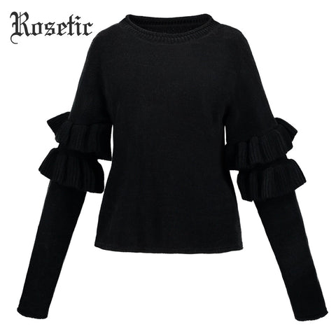 Rosetic Black Sweater Women Goth Winter Loose Black Falbala O-Neck Ruffles Fall Tops Retro Street Preppy Gothic Casual Sweater