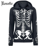 Rosetic Gothic Punk Casual Hoodie Sweatshirt Straight Black Skull Print Zipper-Up Hooded Fashion Long Sleeve Street Dark Hoodies