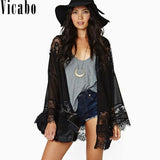 Vicabo Crochet Lace Kimono Cardigan Fringe Embroidery Black Blouse Summer Fashion Chiffon Batwing Women Tops Chemise Femme