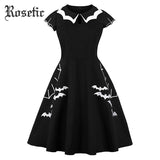 Rosetic Gothabilly Black and White Batty Collared Swing Dress