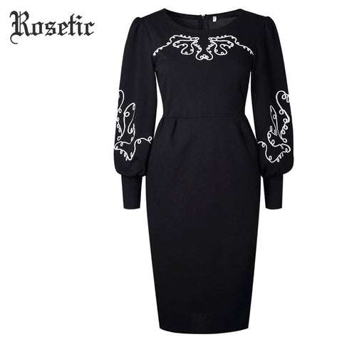 Rosetic Black Victorian Puff Sleeve Pencil Dress with White Detail