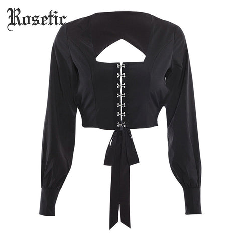 Rosetic Sexy Summer Short T-Shirt Backless Lace-Up Slim Solid Suqare Neck Lantern Sleeve Fashion Club Bodycon Cool Crop Top Tees