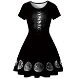 Black Gothic Moon Phase Printed Short Sleeve A-Line Dress