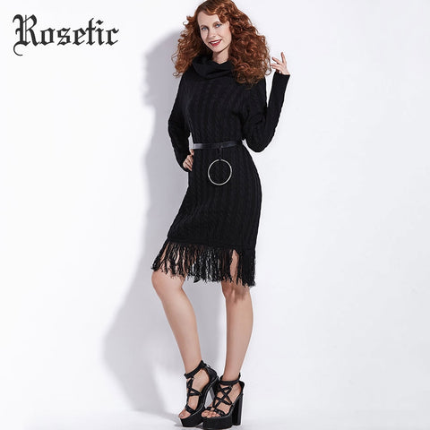 Rosetic Goth Women Sweater Tassel Autumn Straight Black Turtleneck NoBelt Winter Fashion Reteo Gothic Casual Female Sweaterdress