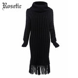 Rosetic Goth Women Sweater Tassel Autumn Straight Black Turtleneck NoBelt Winter Fashion Reteo Gothic Casual Female Sweaterdress