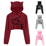 Women Sexy Casual Long Sleeve Cat Kitty Print Short Hoodies Blouse Top Pullover