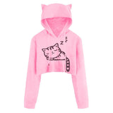 Women Sexy Casual Long Sleeve Cat Kitty Print Short Hoodies Blouse Top Pullover