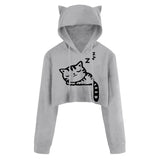 Women Sexy Casual Long Sleeve Cat Kitty Print Short Hoodies Blouse Top Pullover