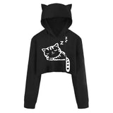 Women Sexy Casual Long Sleeve Cat Kitty Print Short Hoodies Blouse Top Pullover