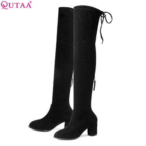 QUTAA 2018 Women Over The Knee Boots Pointed Toe Zipper Square High Heel  Black Elegant Women Motorcycle Boots Size 33-43