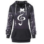 Womens Cat Print  Hoodie Music Notation Print Sweatshirt Tops Sweatshirt