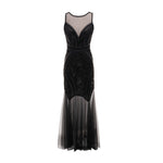 Women Vintage Sexy Perspective Deep V Neck Bead Sequin Party Flapper Dress