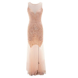 Women Vintage Sexy Perspective Deep V Neck Bead Sequin Party Flapper Dress