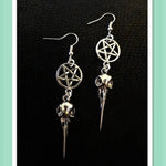 Vintage antique Silver Inverted pentacle,  raven skull earrings.