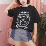 Women Girl Funny Short Sleeve Moon Cat Print Punk Gothic Top Blouse T Shirt